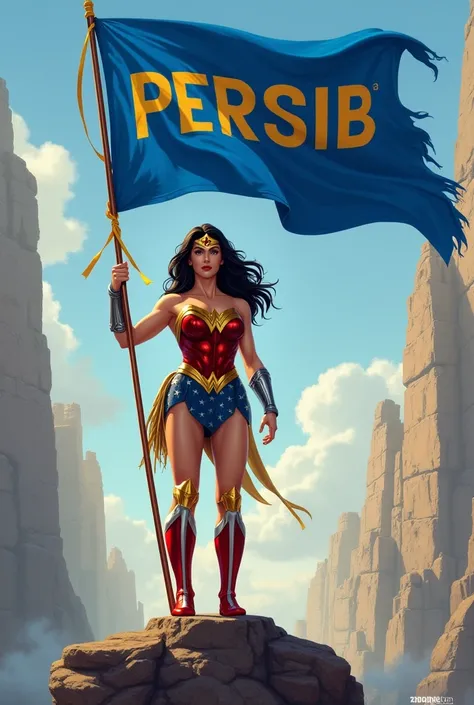 Wonder woman holding blue flag written in persib