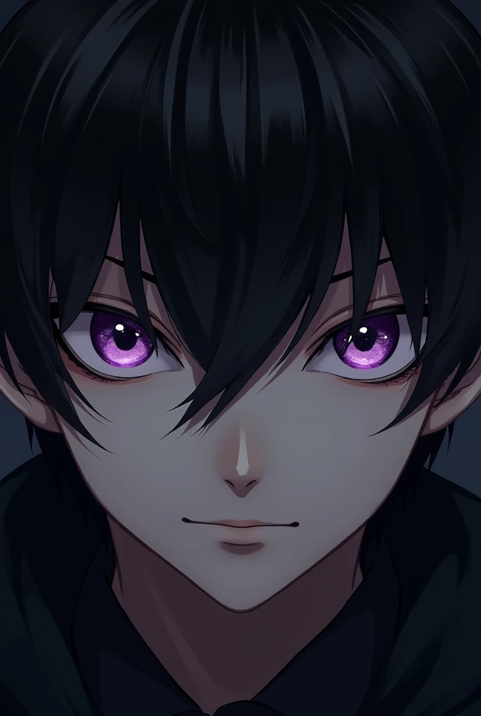 Young guy with purple eyes and short black hair. The bangs are long and cover the forehead and nose