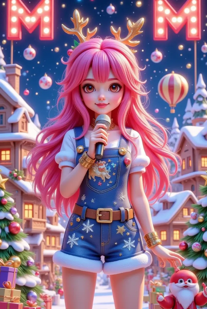  Christmas Card Border ，Picture of a girl holding a microphone。  long pink hair， Crazy Christmas  ，  Glowing Letter M Red ，Hot air balloon in the sky，Warm Town  ， Pleasant atmosphere ，Fireworks background