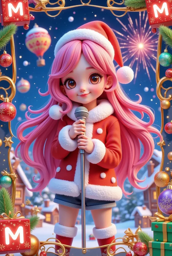  Christmas Card Border ，Picture of a girl holding a microphone。  long pink hair， Crazy Christmas  ，  Glowing Letter M Red ，Hot air balloon in the sky，Warm Town  ， Pleasant atmosphere ，Fireworks background