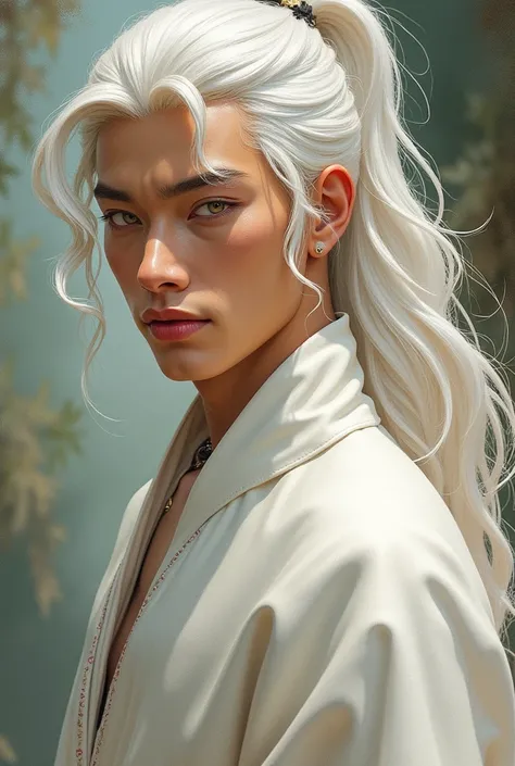 「 Half body portrait in vintage illustration style， The background is the world of cultivation 。 The character is a handsome young man，Outstanding appearance ： She has long, silky white hair ， White eyebrows and white eyelashes ， His pupils are golden snak...