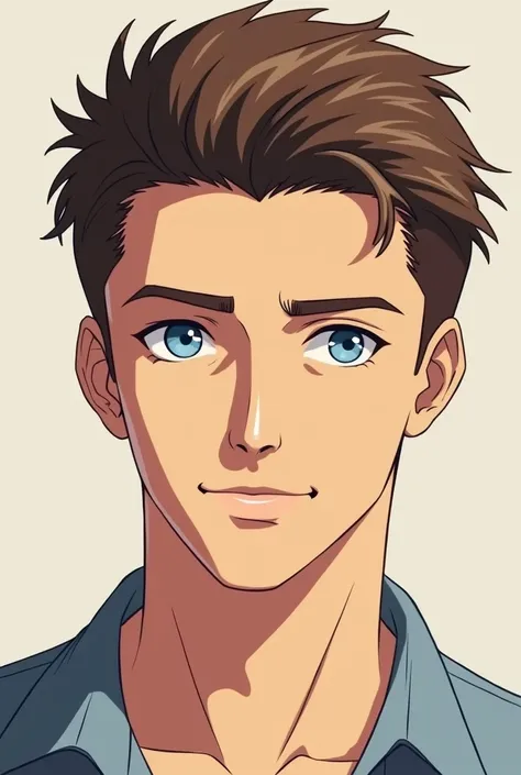 Brown-haired adult male,  blue eyes and very slightly tanned skin in anime style.