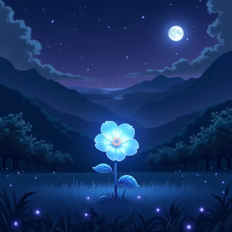 Medium blue glowing cute realistic camellia flower, Night,  stars , clouds, anime, moon,  the sky is dark purple in some places ,  dark blue , Dark Blue,  dark pink ,  trees with blue foliage , in the distance of the field , hills, a river,  some mountains...