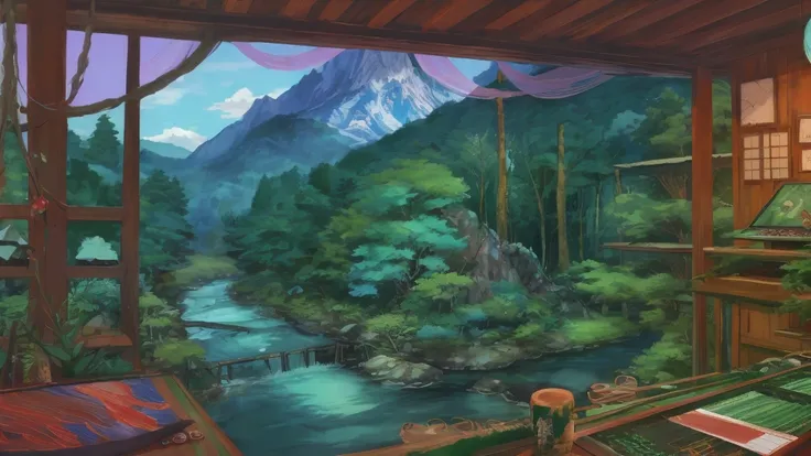 forest,river,mountain ,studio ghibli style ,cozy
