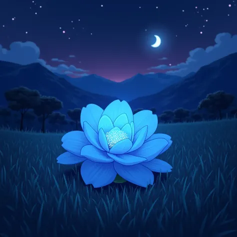 Medium blue glowing cute realistic camellia flower, Night,  stars , clouds, anime, moon,  the sky is dark purple in some places ,  dark blue , Dark Blue,  dark pink ,  trees with blue foliage , in the distance of the field , hills, a river,  some mountains...