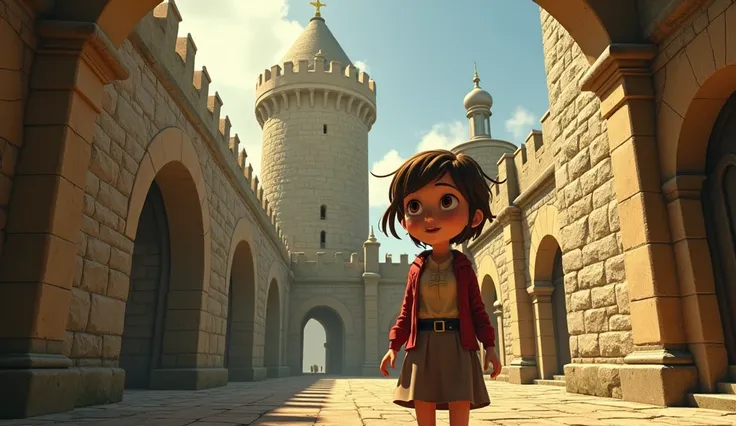  a scene surrounded by the high walls of the Tower of London. Emily,  looking for clues among the ancient stones , looking excitedly . Draw realistic in animation style .