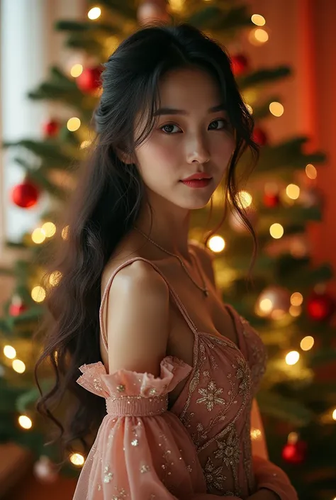 a Asian woman, with long hair, beautiful eyes, wearing a dress, standing in front of christmas tree.