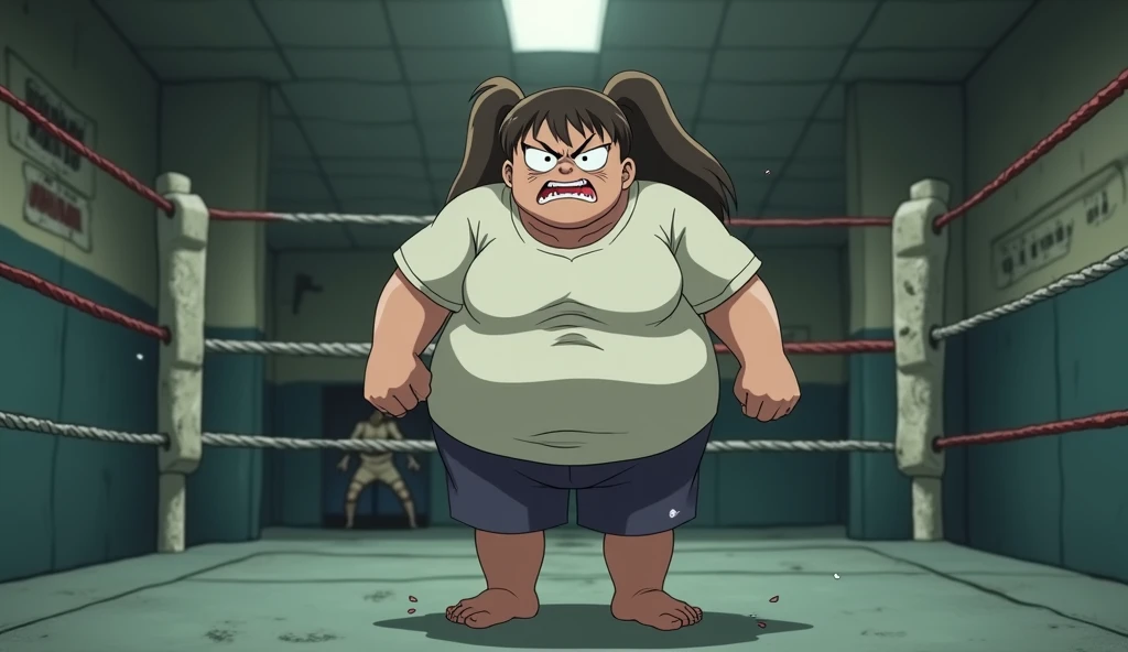 Anime, very ugly, fst and obese elementary school girl, with an evil frowning face throwing a punch in a boxing ring, 