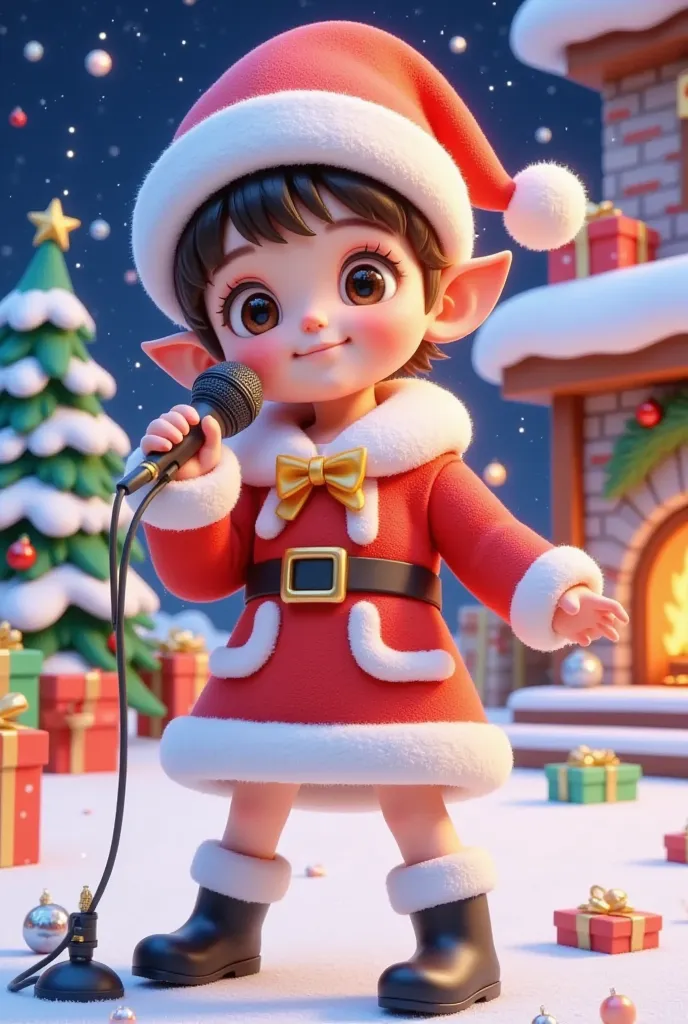 a girl in a santa costume holds a microphone in front of a christmas scene, cute detailed digital art , render of a cute 3d anim...