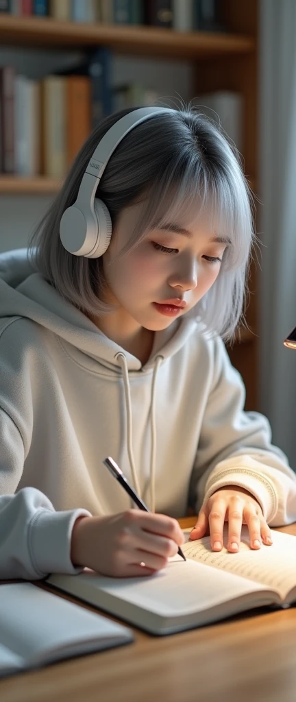 (8k,  photorealistic, Original photo,  High Quality: 1.4), beautiful Japanese idol style girl ,18 years old,Model,1 person,( short bob hairstyle),( Silver Hair),She has her hair tucked behind her ears,Clear grey eyes,Long eyelashes,(piercings( smaller)),( ...