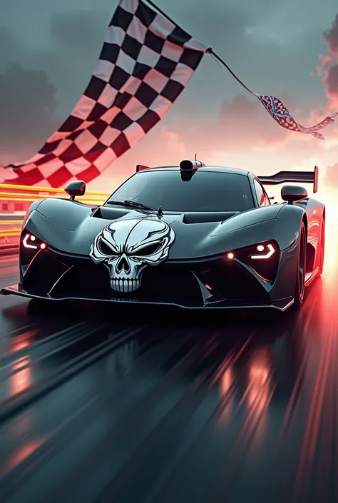 Skull, car, racing flag, ribbon   