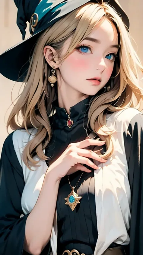 White shirt, Realistic textured skin, Ash Blonde, 1 strand of hair, Side Tail, Turquoise Eyes, ***********, tarot card divination:1.37, Close-up of a woman in dress and hat holding tarot cards:1.37, Beautiful Celestial Magician, portrait of a Female Wizard...