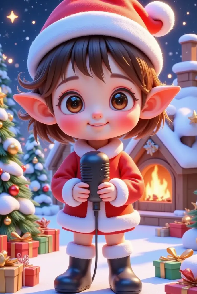 a girl in a santa costume holds a microphone in front of a christmas scene, cute detailed digital art , render of a cute 3d anim...