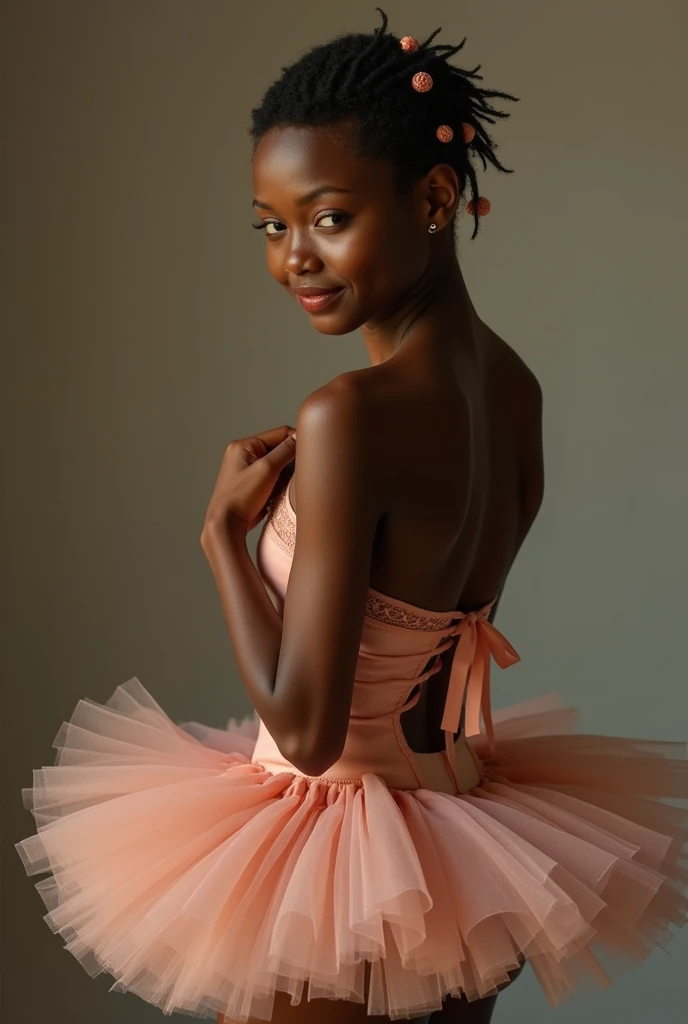 Fashion Model Photography, Ballet skirt, Strong sense of design, Medium shot, South African Girls, Short hair, Hair accessories,  delicate skin,  Smile,  simple background , High quality, Staring backlight, Detailed face and body drawn on professional stud...