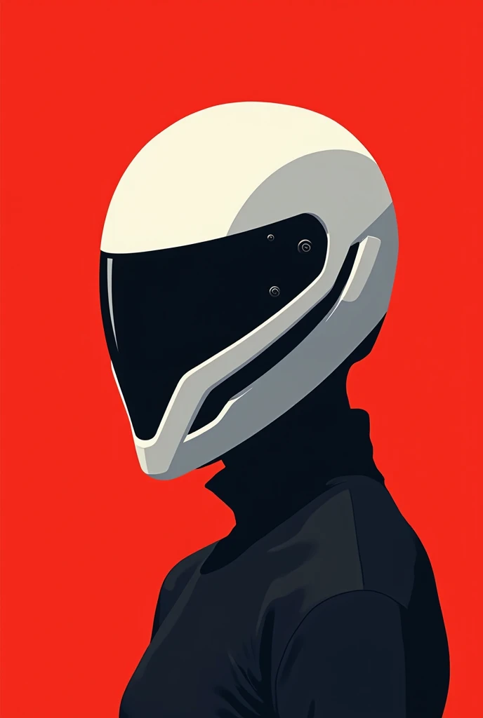 A bold and minimalist illustration of a futuristic helmeted figure, with clean black and white lines and a sleek, modern visor design. The background is bright red, creating a striking contrast. The artwork should be in a vector art style with a flat color...