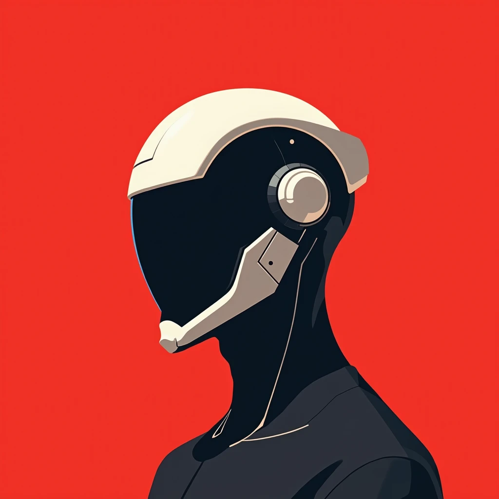 A bold and minimalist illustration of a futuristic helmeted figure, with clean black and white lines and a sleek, modern visor design. The background is bright red, creating a striking contrast. The artwork should be in a vector art style with a flat color...