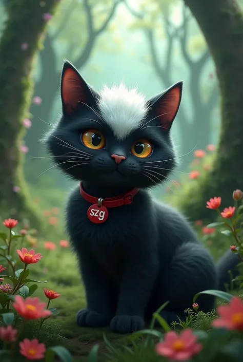 Draw a fantasy, virtual reality. A black cat has white hair on its head, a little fluffy fur, a terrible smile, a sweet, greasy eye. The background is a magical forest, with a red collar written on it the word SZG.