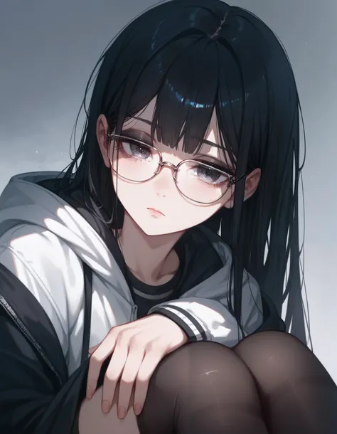 (Masterpiece), (best quality), (high quality), anime, school, 1girl, goth girl, (depressed look), half closed eyes, detailed eyes, black thigh highs, dark hair, straight hair, small glasses, hoodie, detailed, best quality shadows, highest resolution, 4k