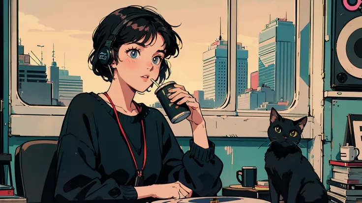 "A 21-year-old woman in an old record shop, wearing headphones and drinking coffee. She has long black hair. In front of her, there are vinyl records, and a black cat is beside her. She is looking at me. City pop vibes."