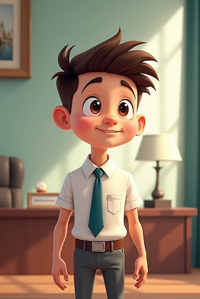 cartoon  teenage boy becomes the chairman of the organization wearing a white top school shirt and an ash colored bottom wearing an ash colored suit