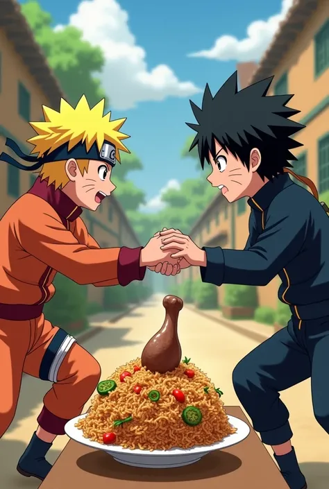 Naruto and sasuka eating briyani and naruto find leg piece and sasuka also catch the leg piece . both fighting for the leg piece in village style