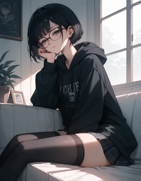 (Masterpiece), (best quality), (high quality), anime, school, 1girl, goth girl, (depressed look), half closed eyes, detailed eyes, black thigh highs, dark hair, straight hair, small glasses, hoodie, detailed, best quality shadows, highest resolution, 4k