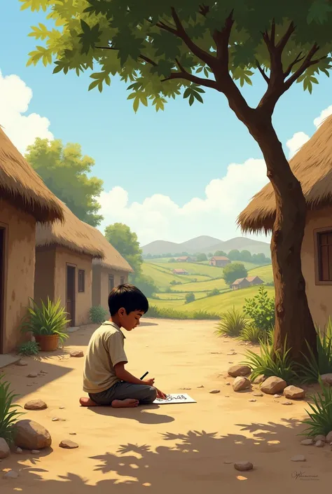 • “A simple village scene with thatched houses, fields, and a poor boy sitting under a tree. (Ali) is shown practicing writing on the ground with a stick of wood.