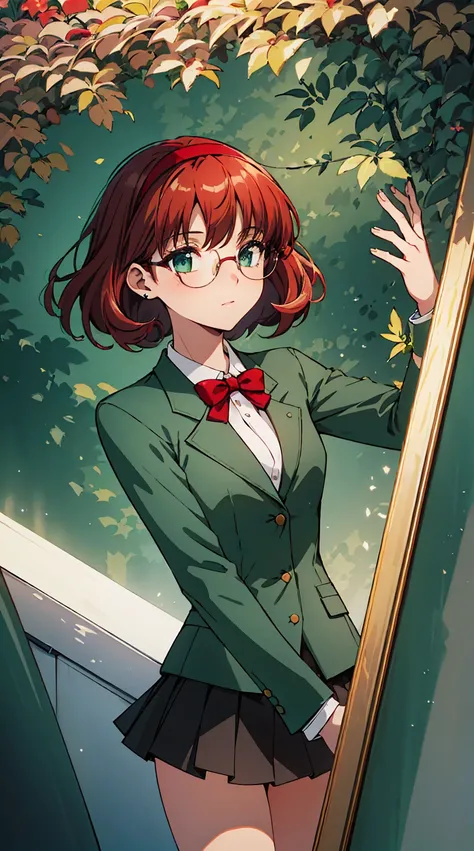 Wind and Spirit, 1 girl , Short Hair , light brown hair ,Glasses,(( Red Hair Band )),Green blazer, miniskirt,masterpiece, noise reduction,perfect anatomy, high definition ,  super detailed,Game CG,dutch angle , beautiful detailed eyes, visual art , Five Fi...