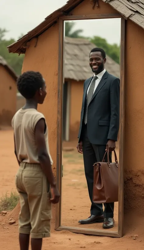 A powerful and inspiring visual of a young boy in tattered clothes standing in front of a mirror in a rustic rural setting. In the reflection, the boy is depicted as an accomplished man in a sleek business suit, confidently smiling while holding a professi...