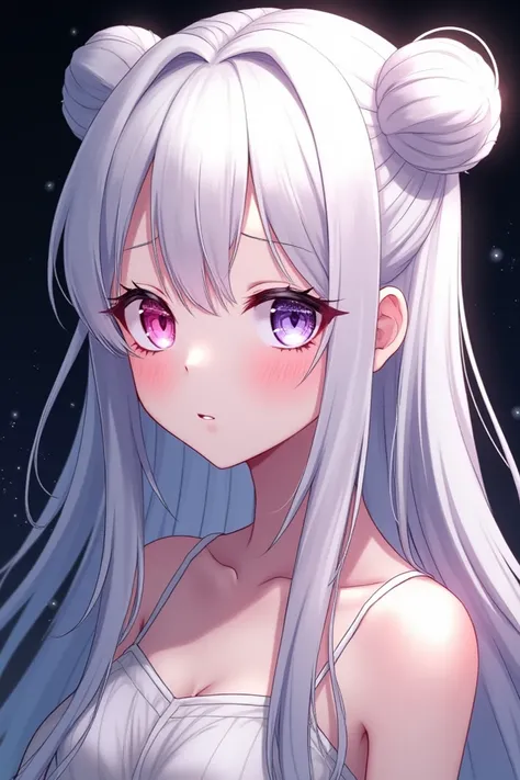 anime girl,(masterpiece), best quality,long hair with two buns hair and curtain bangs,white hair,pink left eye,purple right eye,,black background 