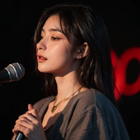 NR Cinematographic style, illustration, dramatic chiaroscuro, ethereal beauty, high resolution, Portrait of a young woman with long dark hair singing into a microphone.The woman stands in a semi profile with her head slightly tilted towards the microphone....