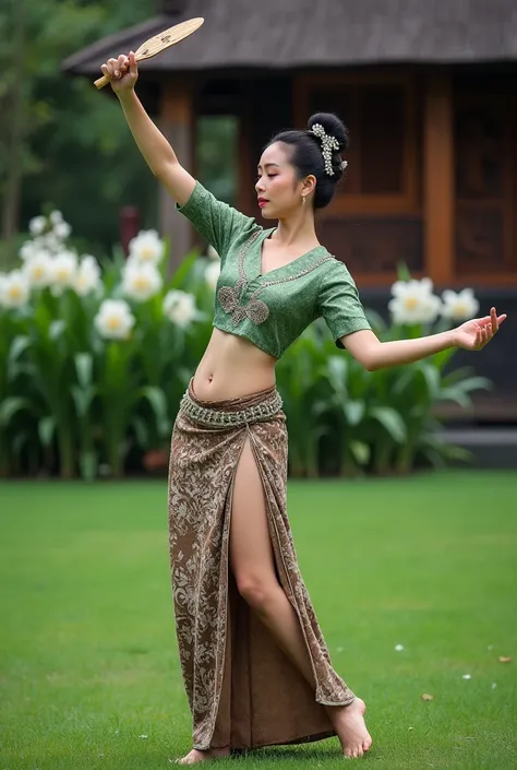 realistic photography masterpiece, high resolution with ultra HD 16k quality, a beautiful Balinese woman aged 30 years, round face with typical Balinese make up, white skin with hair in a bun decorated with small jewelry, wearing a green brocade kebaya wit...