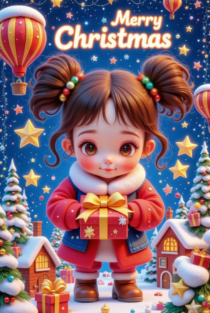 christmas card border ， picture of a girl holding a gift。  crazy christmas  ， glowing letter 2025 red，hot air balloon in the sky...