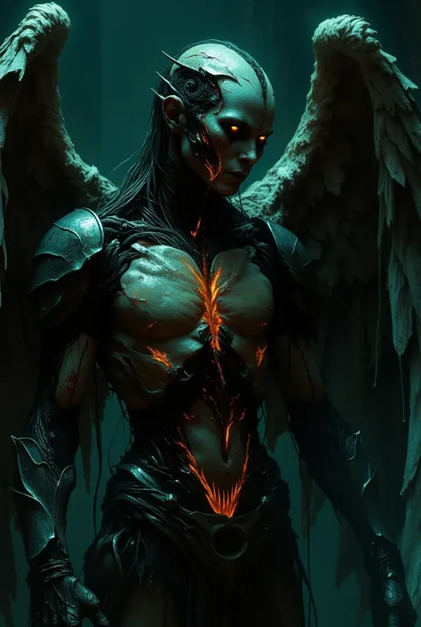 angel of darkness . fabrication of complex mechanical parts and wires, decaying flesh reconstructed into cyborg form, high contr...