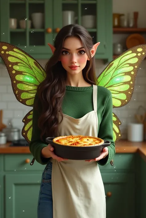 A beautiful adult woman fairy with long flowing dark brown hair and brown eyes, she has pointy elf ears, she has nose blush, she has a closed mouth smile, she has a round face, she has big glittering green butterfly wings that are proportionate to her body...