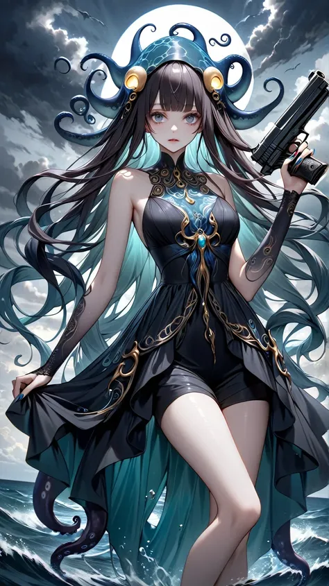 solo。
  realistic drawing。High image quality。 High Quality 。

 dark colored straight long hair 。
Dark Sea。On the Sea。Dark Clouds。 crescent。

Long nails。Equipped with a magic handgun 。

  slender。Droopy eyes。 
Inspired by the Greek mythology Scylla 。
 with ...