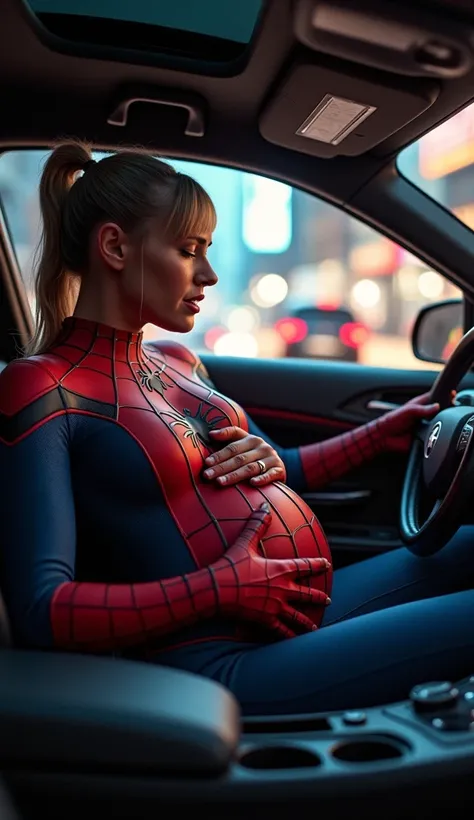 "Create a highly detailed and realistic scene inside a modern car. Spider-Man grips the steering wheel with an expression of intense focus. His pregnant wife, also wearing a Spider-Man costume, sits next to him in the passenger seat, her large, pregnant be...