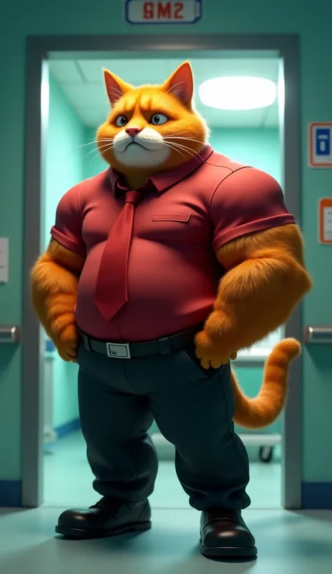 In cinematic 3D style ,HD image, realistic image, colourful image. 
Character, A muscular Johnny big Orange cat wearing red  shirt and red tie and black pant, and black shoes.
Action,Johnny Big Orange Cat is outside the operation theatre inside the hospita...