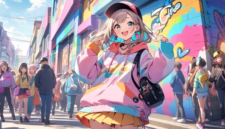 A cheerful and lively young woman in cute street fashion, posing playfully. She has a bright smile and wears a stylish oversized pastel hoodie, a short pleated skirt, and colorful high-top sneakers. Accessories include a small crossbody bag, funky earrings...