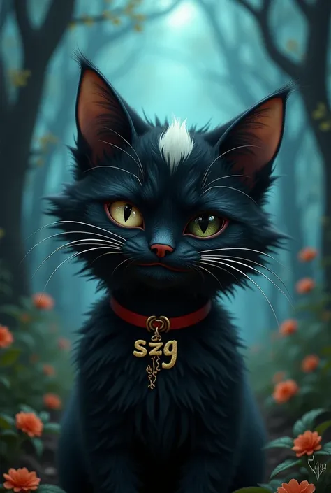 Draw a fantasy, a virtual reality, a fluffy black cat with a little white fur on its head, a terrible smile, a sweet, greasy eye. The background is a magical forest at night, with a red collar written the word SZG.