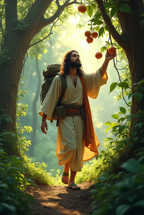 Jesus walking in the jungle holding a mountain bag and plucking the fruits from the tree 