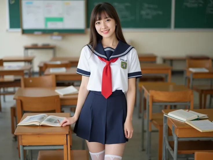 A cute Japanese female idol in her early twenties, like Nogizaka46.
Shes wearing a sailor uniform.
Shes wearing white garter stockings.
Photo taken in a classroom.
Her whole body is visible.