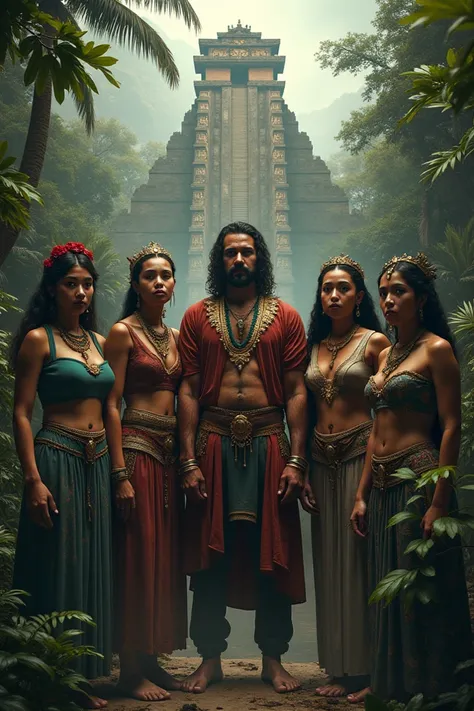 a man with four wives in ancient aztec jungle, detailed faces, intricate clothing, lush tropical landscape, flowing river, ornate architecture, magic realism, highly detailed, cinematic lighting, muted color palette, dramatic shadows, masterpiece