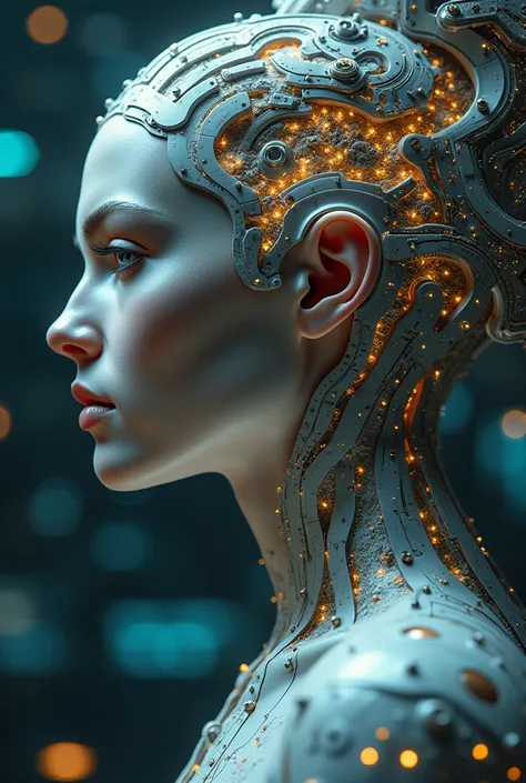 The goddess of wisdom and intelligence, head to shoulder, highly technologically advanced. High Resolution, Masterpiece, Award Winning, Best Quality, High Details, High Quality, UHD, Optical Illusion, Impressionism, Art Deco, Cinematic, Cinematography, Fut...