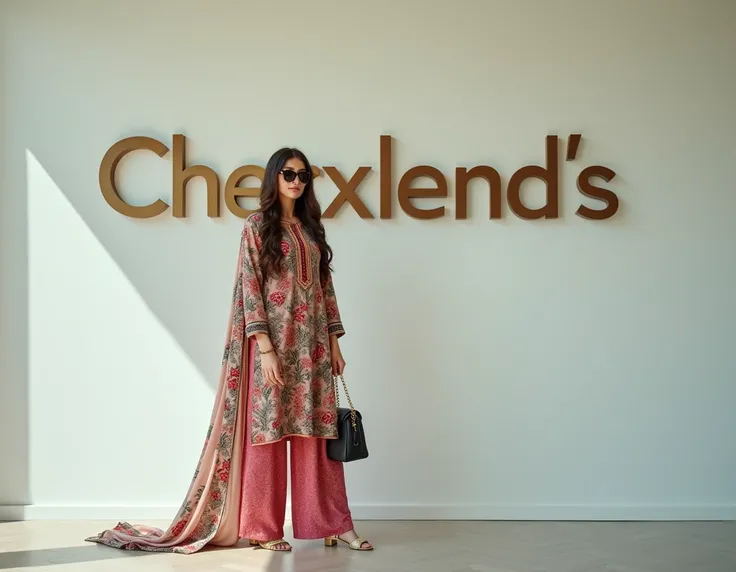 Pakistani realistic beautiful cute 18 years old fair skin looking down model fashionable stylish attitude big smile dimpal full body cover salwar Kamez dress long dopatta on the head long brown hair sunglasses long sandals stylish bag in the hand beautiful...