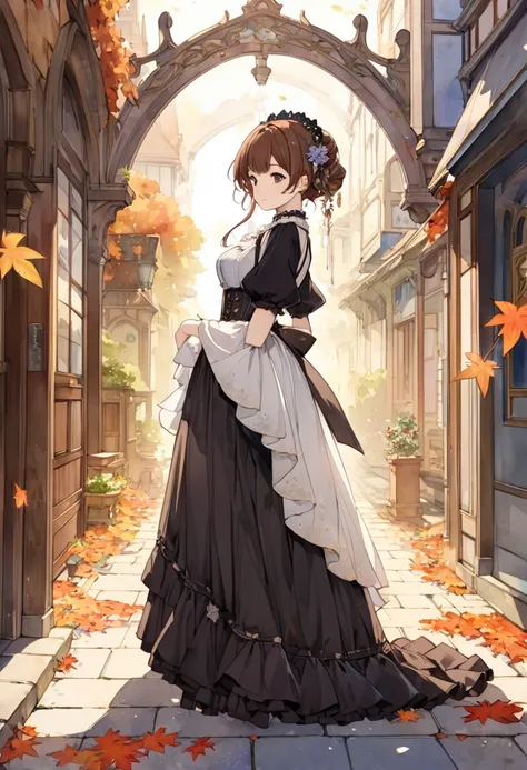 (((nsfw)))、 (((watercolor))), (((gothic))),      tree々Woman standing on a street surrounded by   、 A fascinating scene  ,      Decorate with hair accessories      、        pose is medium length       ,    Wavy brown hair ..。.。Super mini skirt with frills, ...