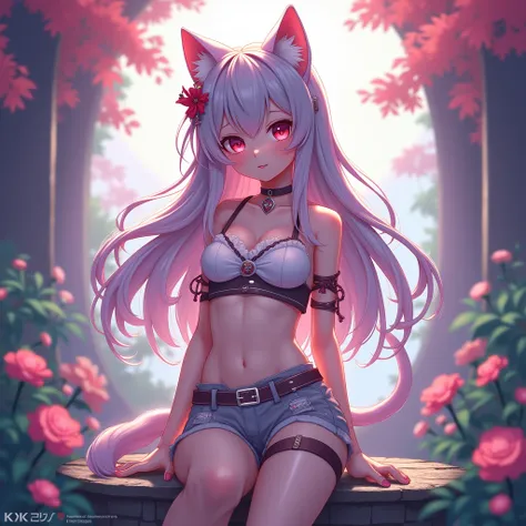 masterpiece, Quality Best , Official Art , Extremely Detailed CG Unity 8K Wallpaper, girl, cute的girl, Yuri, Hair accessories,  shorts,  cropped top below , pantyhose, ribbon_ Choker Necklace , Leg strap,cat ears tail，Second dimension animation，Colored eyes...