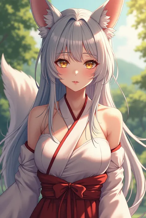 masterpiece, 4K, ultra highly detailed, high_quality, hyper detail, detailed face, bishojo, japanese animation, fantasy, garden, 1girls, yellow_man, korea, hanbok, mature_female, round_face, silver_hair, long_hair, golden_eyes, large_breasts, veiny_breasts...