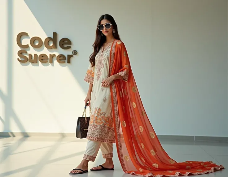 Pakistani realistic beautiful cute 18 years old fair skin looking down model fashionable stylish attitude big smile dimpal full body cover salwar Kamez dress long dopatta on the head long brown hair sunglasses long sandals stylish bag in the hand beautiful...