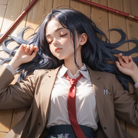 girl lying on the floor、 brown blazer、Red stick tie、Wooden floor、 limp and weak、 from above、One arm next to my face 、 slightly sweaty 、Blue long hair、The face is looking towards the arm、 eyes closed、